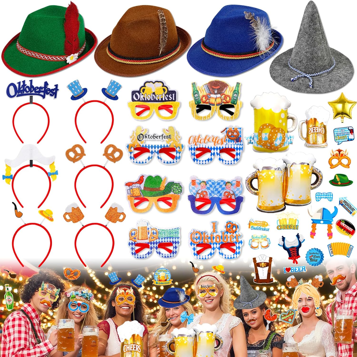 52 Pcs Oktoberfest Decorations Oktoberfest Photo Booth Props Set for Adults Unisex Felt German Bavarian Hats Glasses Hair Bands for Photo Booth Birthday Party