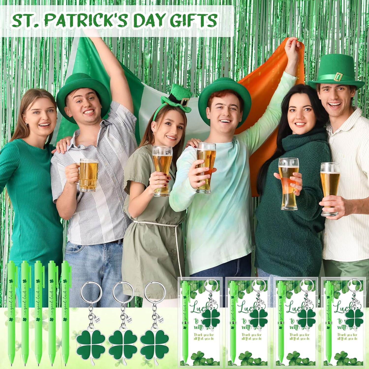 Fullhawl 24 Sets Shamrock Pen Gifts Bulk for Employee Good Luck Ballpoint Pens Clover Keychains with Thank You Cards for Teacher End of Year Team Staff Coworker Graduation