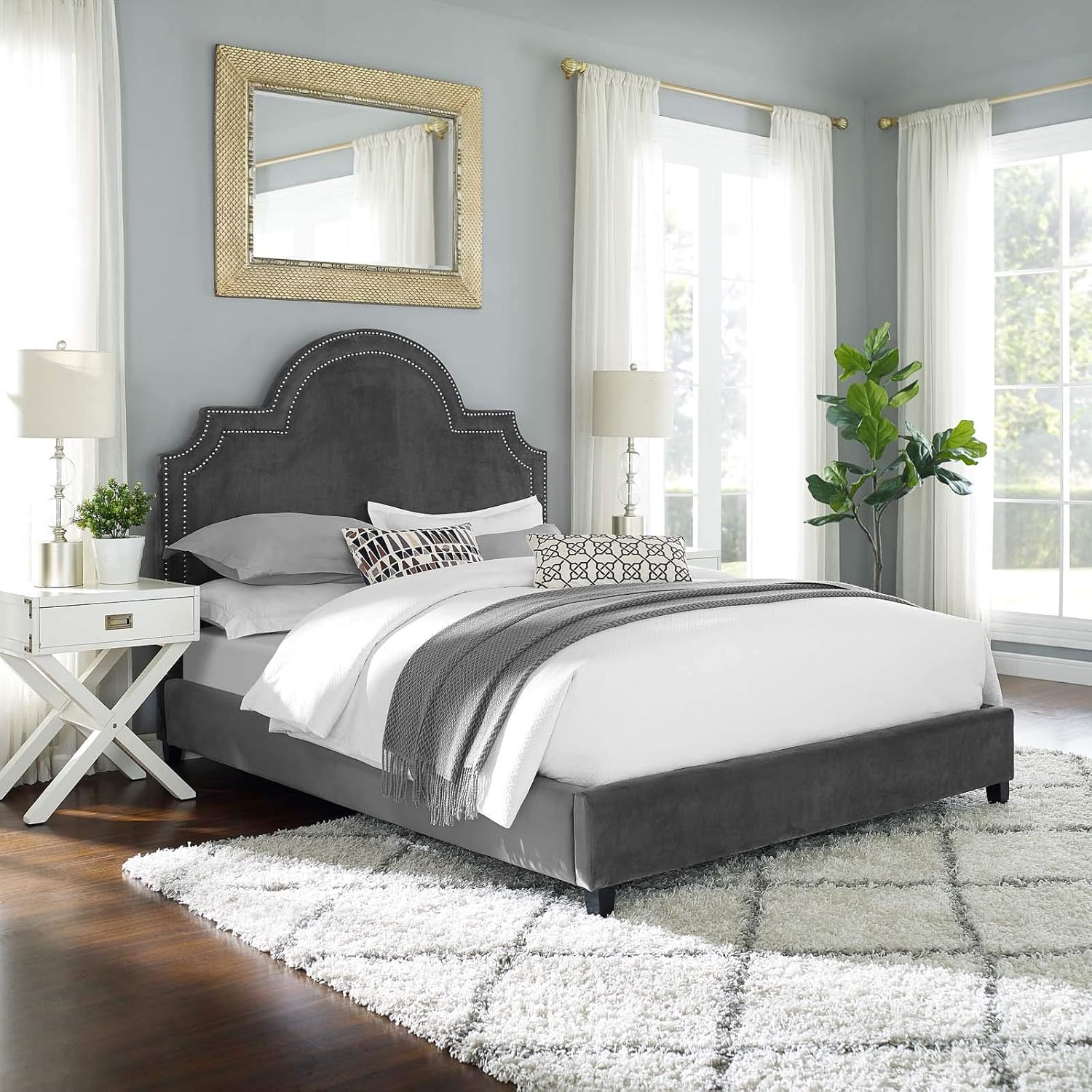 Modway Primrose Performance Velvet Queen Platform Bed With Nailhead Trim in Gray
