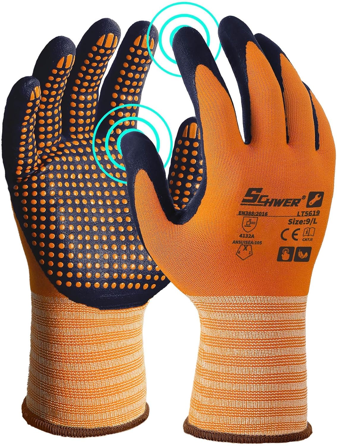 Schwer 6 Pairs Safety Work Gloves, MicroDot Abrasion & Grip, LT5619, L | Certified to Level 6 Abrasion, Strong Grip, Microfoam Nitrile Coated, Touchscreen, 3D-Comfort, A1 Cut Resistant, Gardening