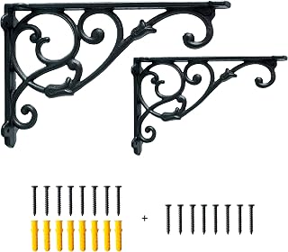 2 Pack 11 Inch Decorative Cast Iron Shelf Brackets, Antique Black Corbels with Screws & Anchors - Heavy Duty Rust-Proof