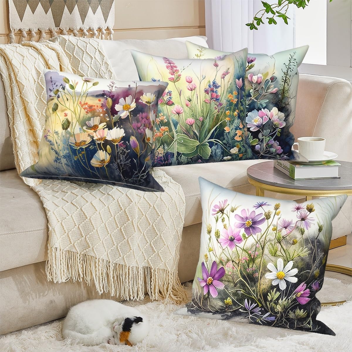Wild Flower Throw Pillow Covers 22''x22'' Set of 4, Spring Blooming Floral Garden Pillowcases Colorful Printed Cushion Covers for Couch Sofa Home Bedroom Farmhouse Livingroom Patio Car