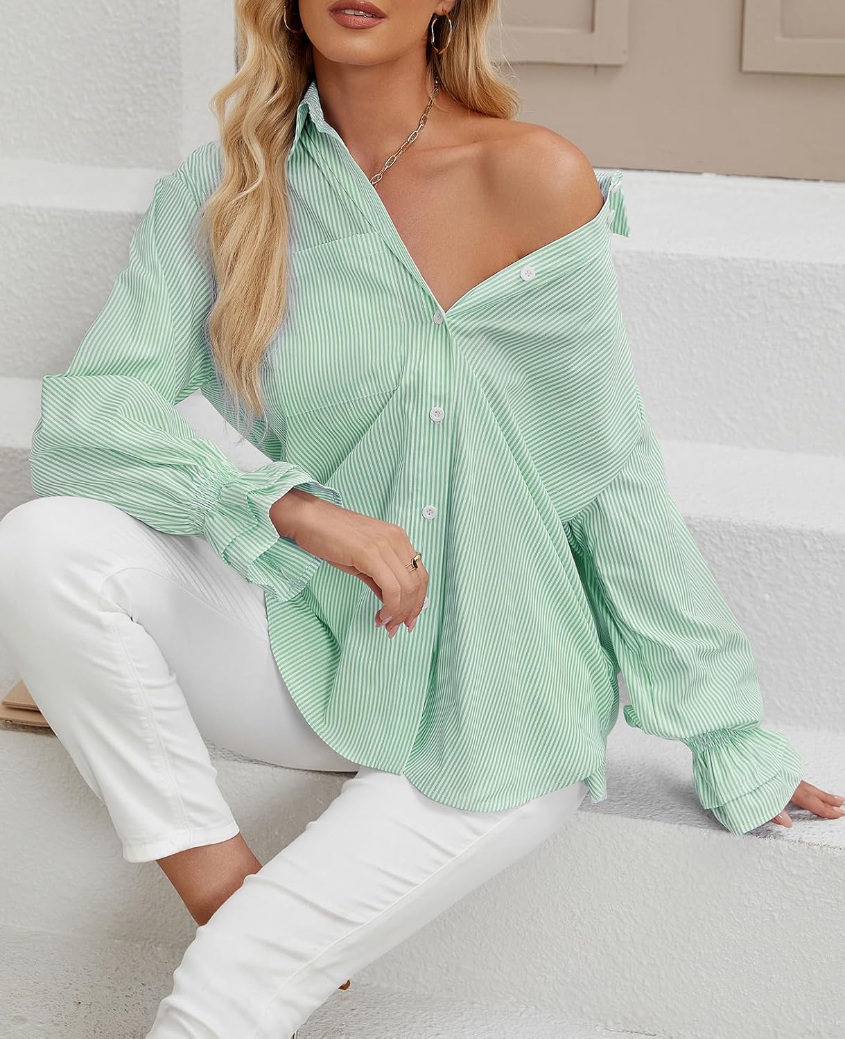 whoinshop Women's Striped Button Down Shirts Oversized Smocked Cuffed Boyfriend Shirt Puff Sleeve Blouse Top with 3 Pockets - Image 3