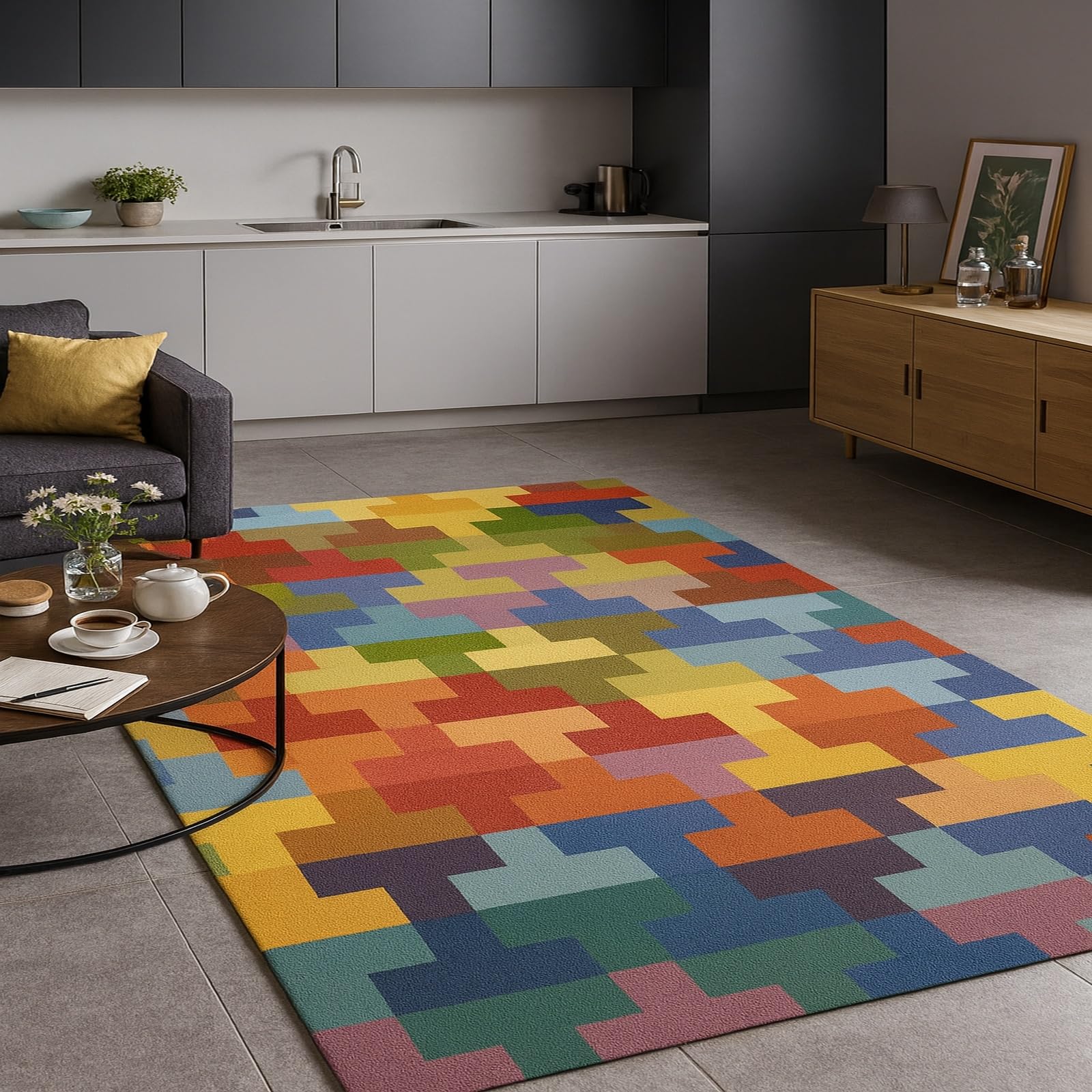 Tapis lavable et antidérapant 130x200 cm doux avec motifs géométriques pour salle à manger