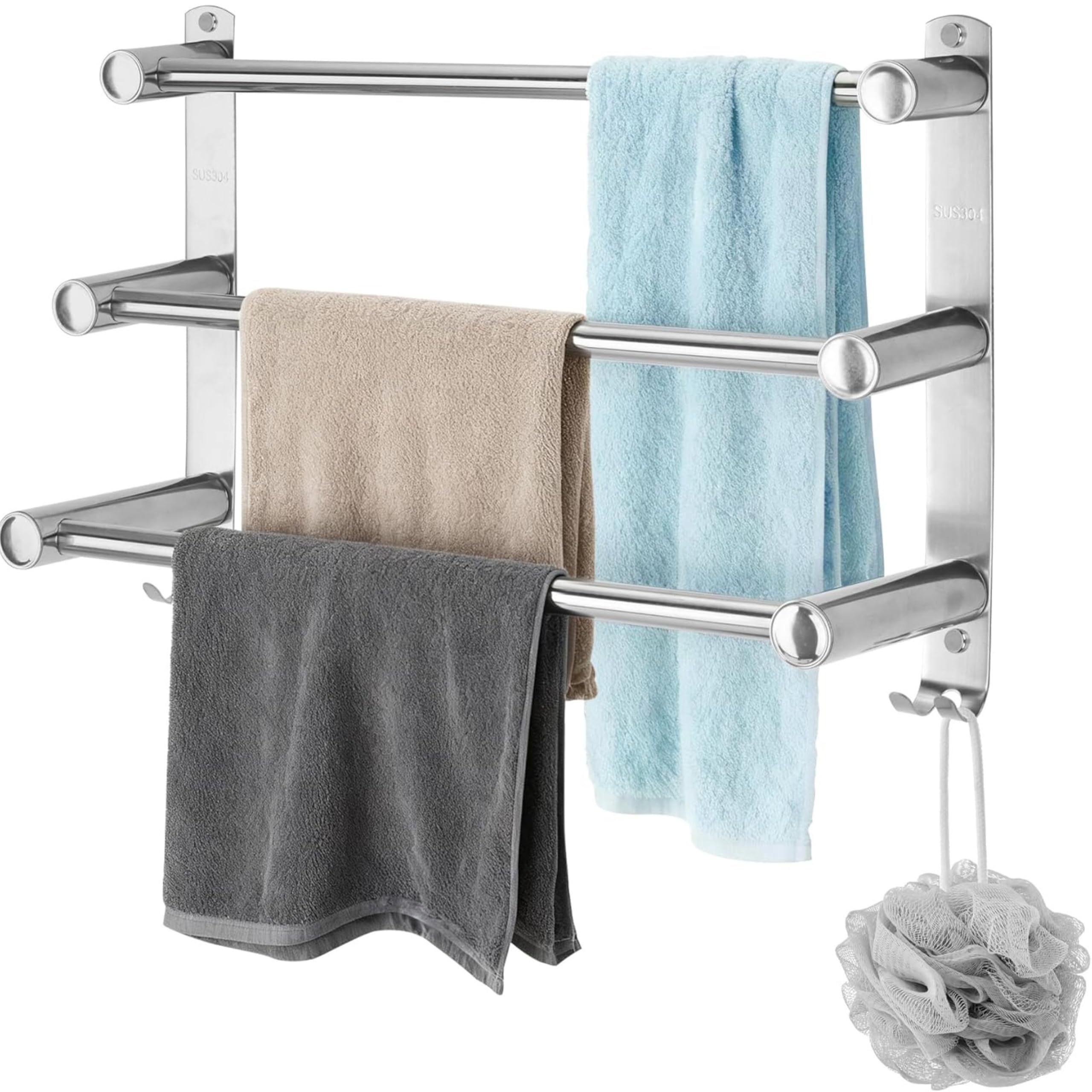 3 Tier Adjustable Towel Rail Wall Mounted 43-75cm, SUS304 Stainless Steel Bathroom Towel Rack with Hooks, Extendable Bath Towel Holder Storage Shelf, No Drill Adhesive or Screw Installation, Silver