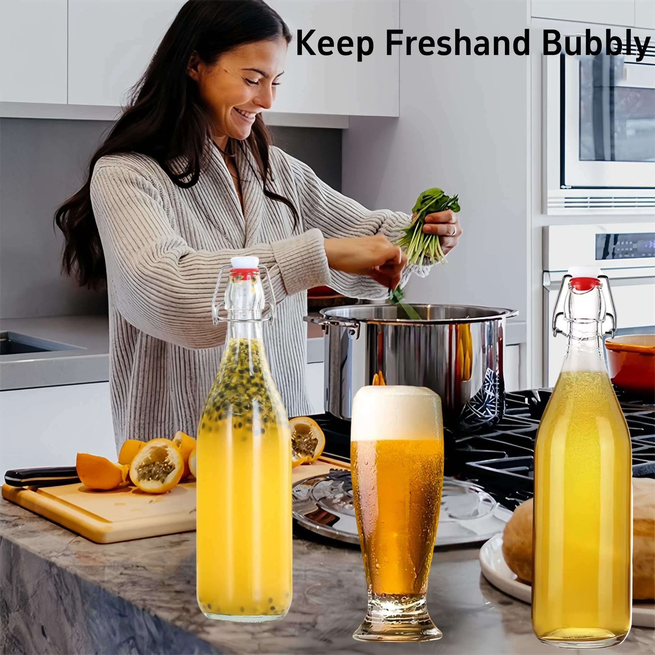 Botellas de vidrio con tapa abatible, 6 botellas de cerveza de vidrio transparente de 500 ml para bebidas, aceite, vinagre, cerveza, agua, refrescos, segunda fermentación