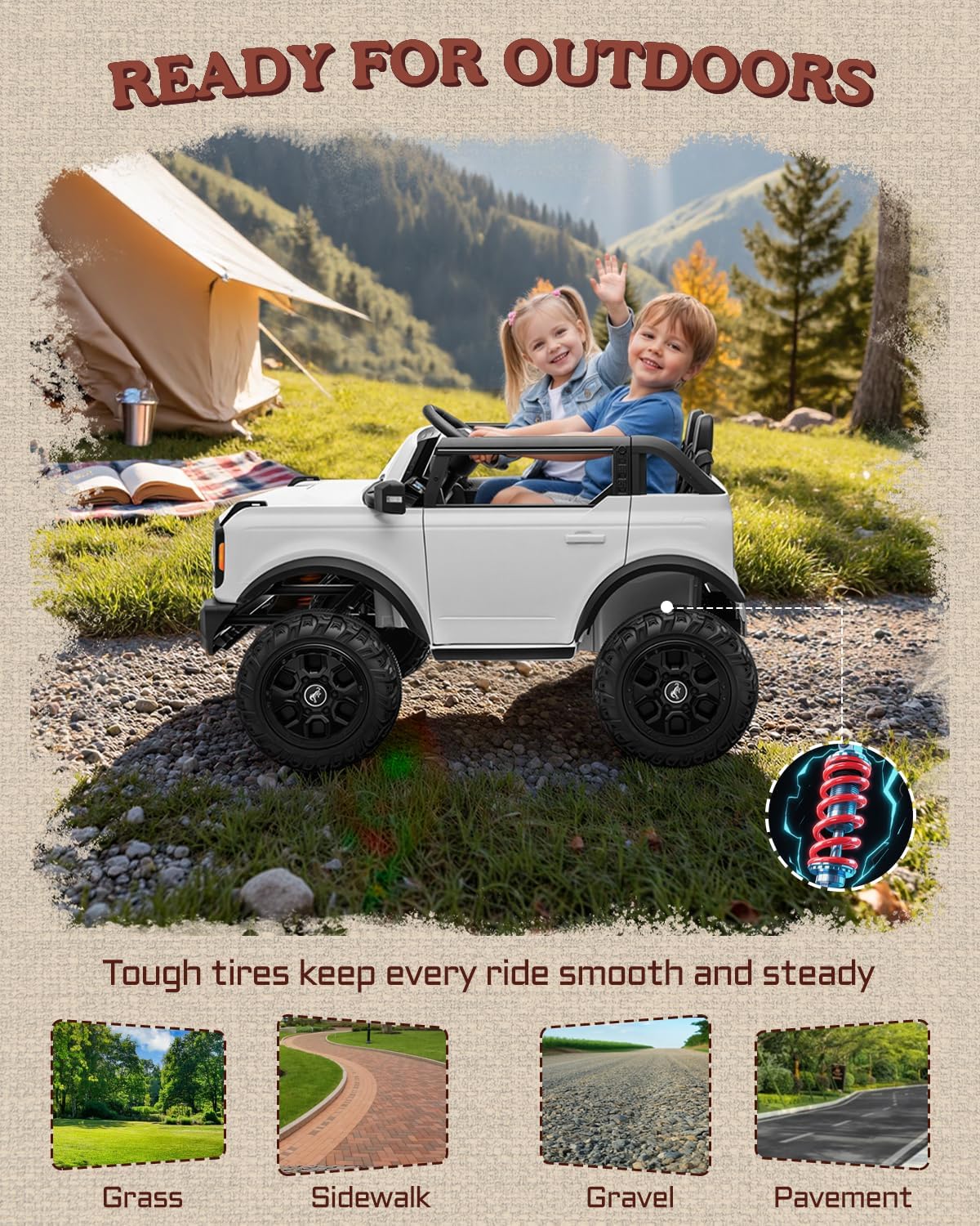 First Ride On 24V 2 Seater Ride on Car for Kids, Licensed Ford Bronco Base Electric Car with Remote Control, Toddler Car with Remote Control, Bluetooth, LED, Seat Belts and Spacious Design (White)