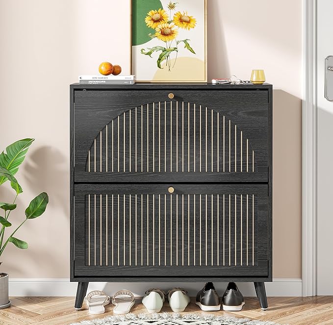 Shoe Storage Cabinet for Entryway with 2 Flip Drawers, Narrow Wood Shoe Cabinet with Fluted Panel, Freestanding Hidden Shoe Organizer for Foyer, Hallway (Black - with Shelf)