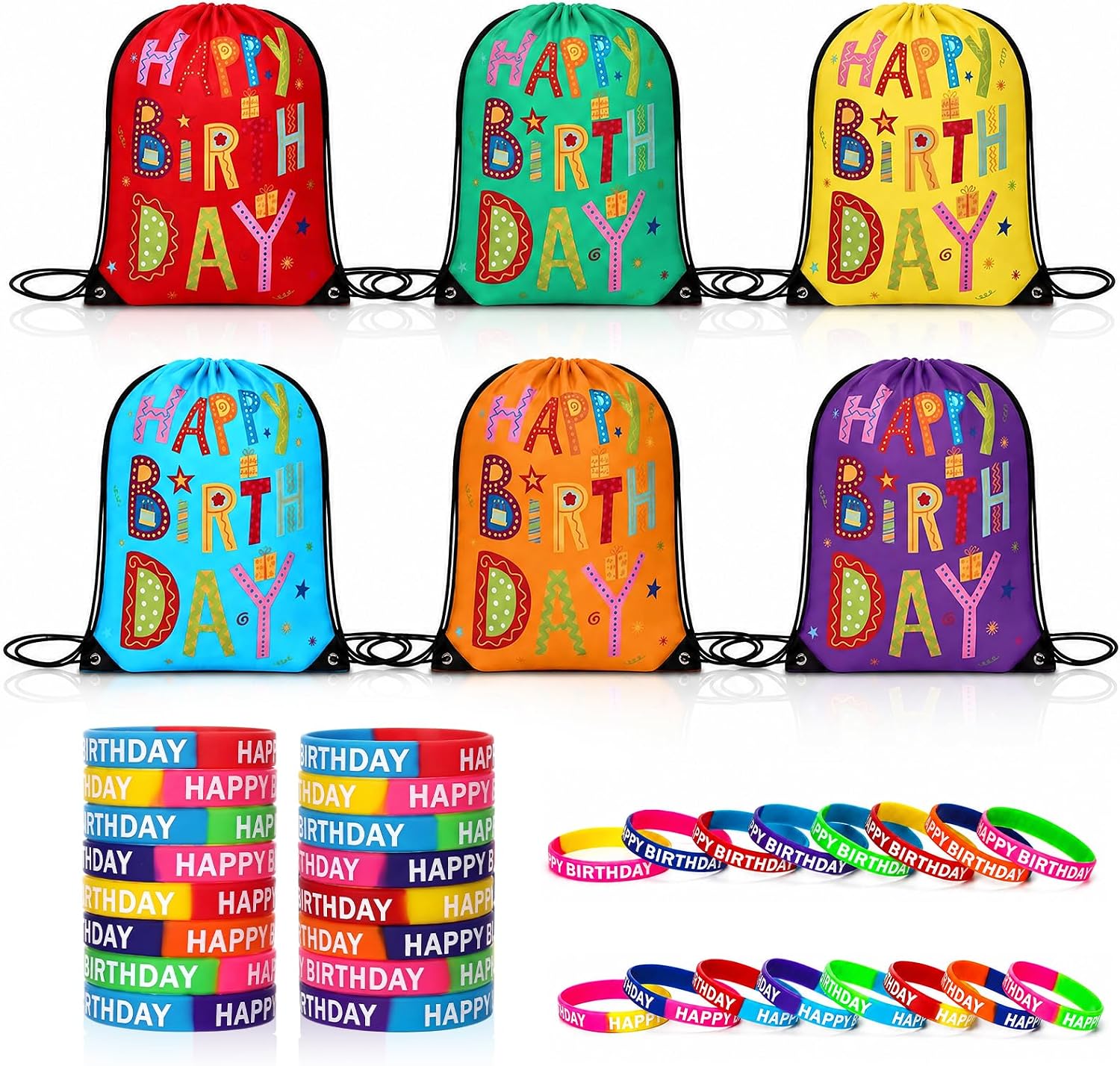 48 Pcs Happy Birthday Party Favors Set Drawstring Backpacks and Silicone Bracelets Multi Color Birthday Gifts for Library Office Educational Reward Supplies