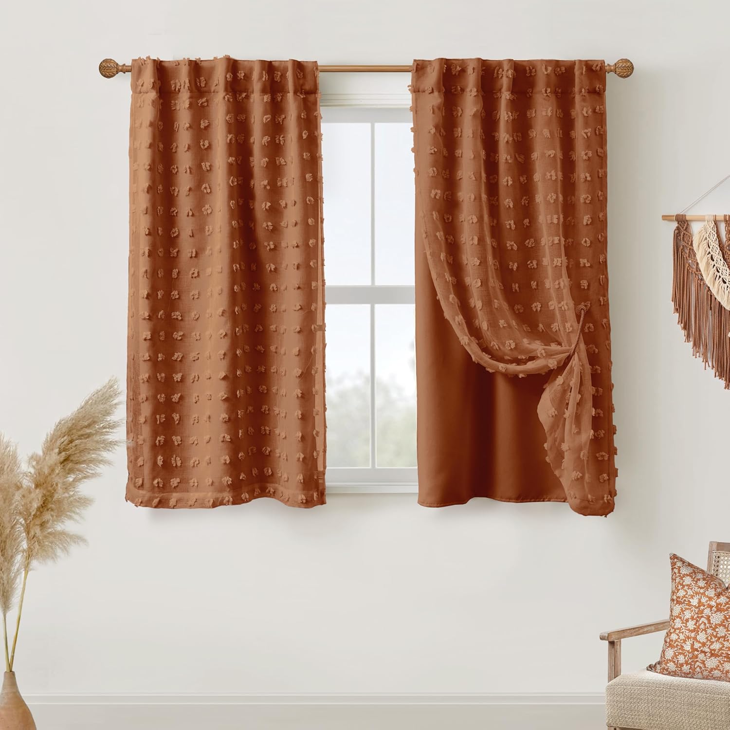 Back Tab Pom Pom Terracotta Curtains for Girls Room Bedroom Bathroom Nursery Curtains Double Layer 45 Inch Length 34"W x 45"L (Pack of 2) Terracotta