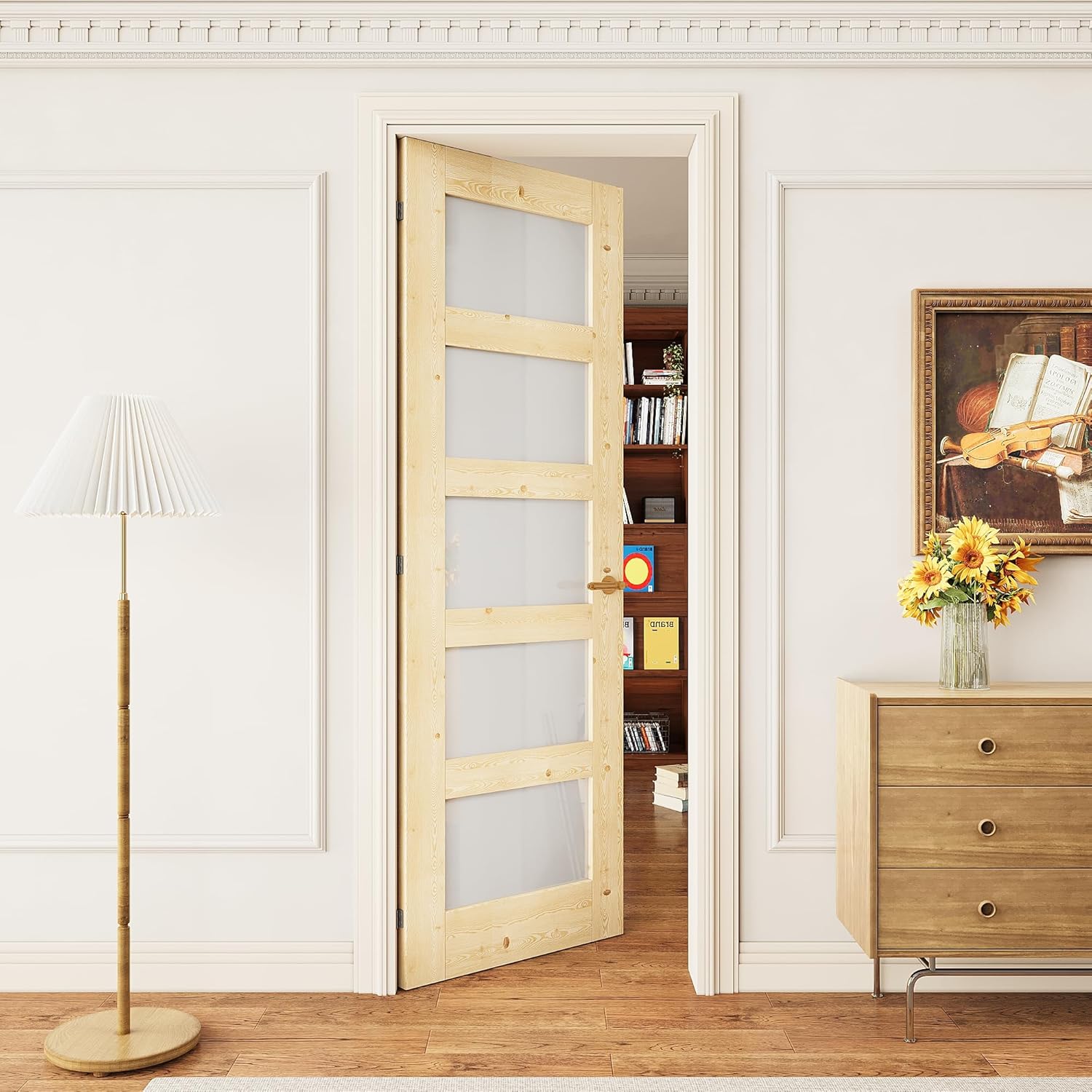 28x80 5-Panel Prebuilt Frosted Glass Wood Door Slab, Sliding Barn Wood Door with Glass, Interior Doors, Solid Natural Pine Panelled Slab, as Storage, Bedroom, Pantry, Laundry Room Doors