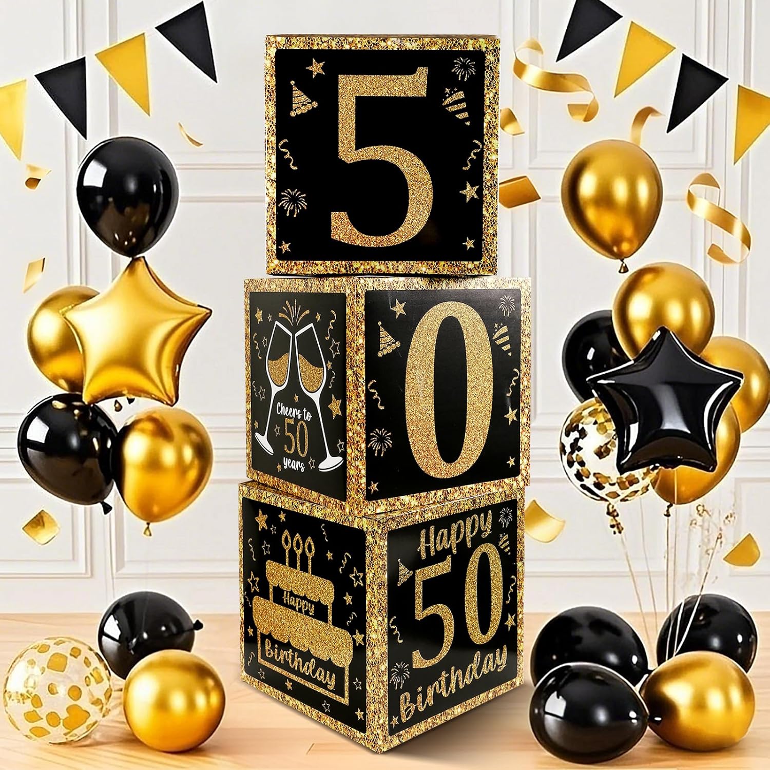 50th Birthday Decorations for Men Women,3PCS Black and Gold Happy 50 Year Old Birthday Party Supplies Table Decorations,50th Birthday Balloons Boxes Decor