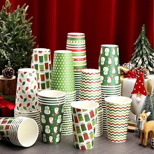 Miniatura 4 de 150 tazas de café desechables de Navidad de 16 onzas, tazas de té de papel de Navidad, tazas de té de papel de Navidad, Papá Noel, muñeco de nieve,