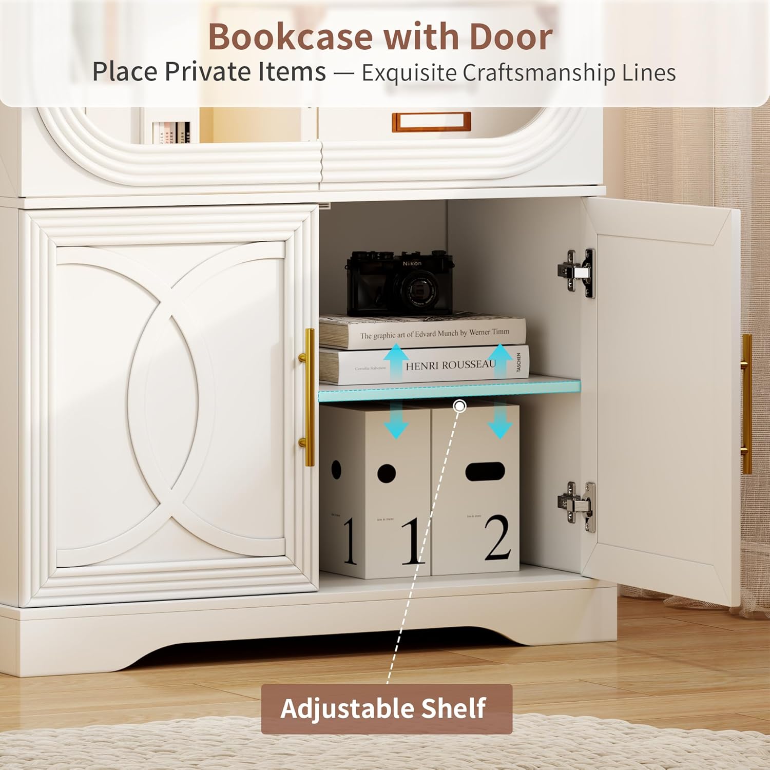 69" Tall Display Cabinet with Glass Doors, Curio Cabinet with 3 LED Lights and Human Body Sensor, Glass Display Case with Storage Cabinet for Living Room, White