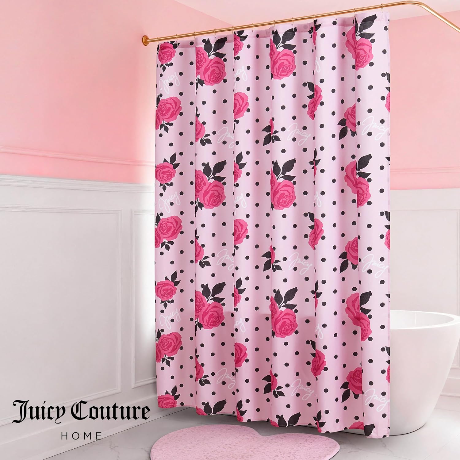 Juicy Couture 70"x72" Fabric Shower Curtain with 12 Hooks, Pink Rose Dots 13-Piece Shower Set