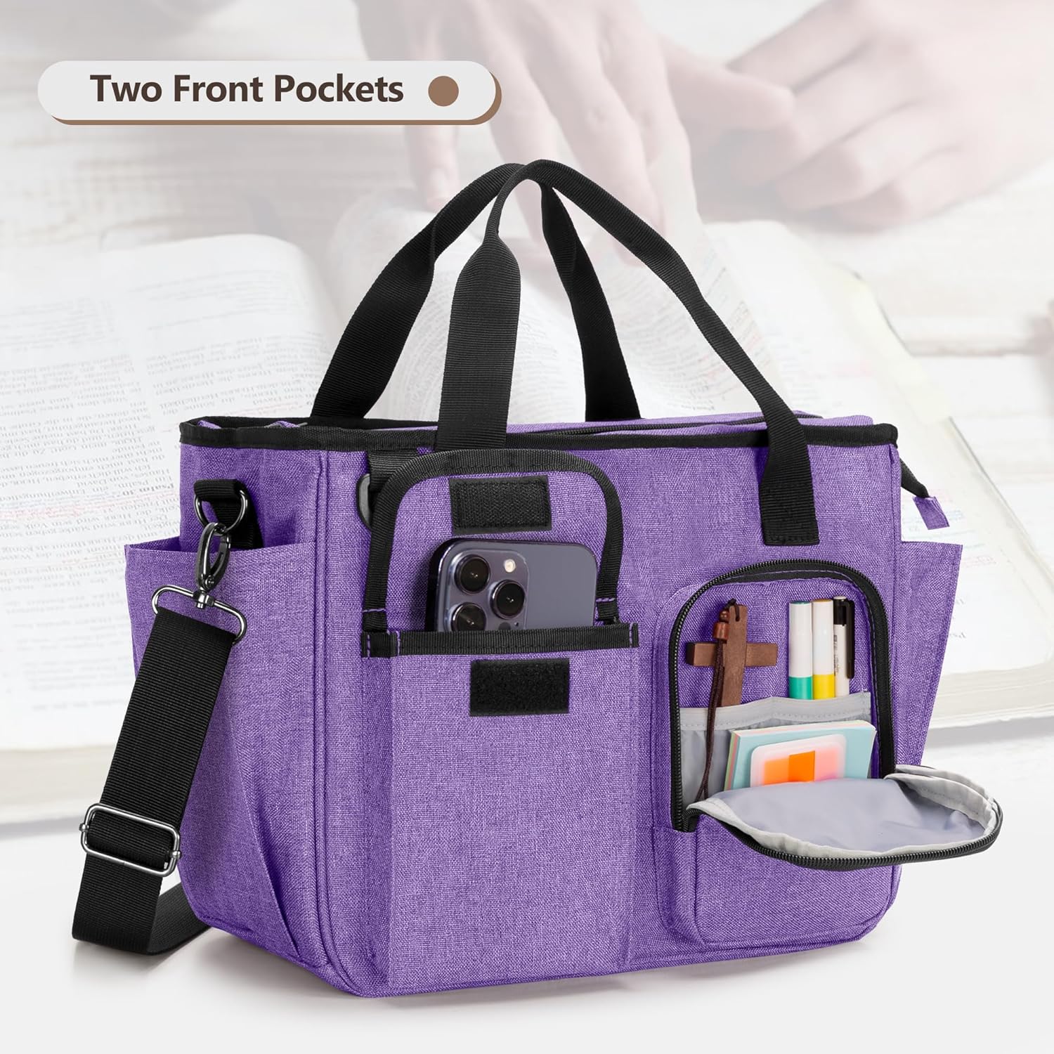 LUXJA Large Bible Bag with Water Bottle Pocket and Shoulder Strap, Bible Tote Bag for Women with Multiple Pockets (Bag Only), Purple