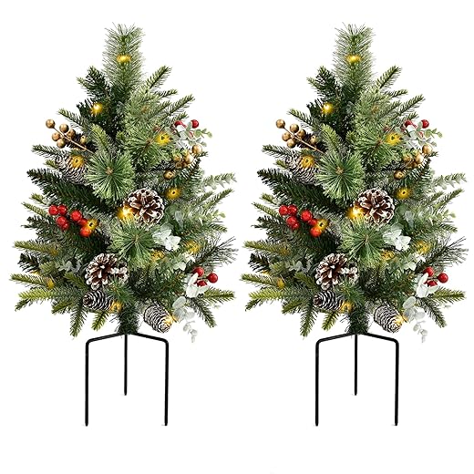 2 Pack Outdoor Christmas Trees for Porch,Lighted Artificial Christmas Urn Fillers, Battery-Powered LED Lights, Tripod Stakes for Holiday Porch Decorations on Porches, Patios,urn filler,and Flower Beds