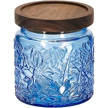 1Pc Gardenly Style Vintage Glass Candy Jar with Solid Wood Lid, Kitchen Storage Canister for Sugar, Coffee, Tea, Cookies, Bath Salt - Decorative Mason Jar for Pantry & Counter 1, Blue, 17oz