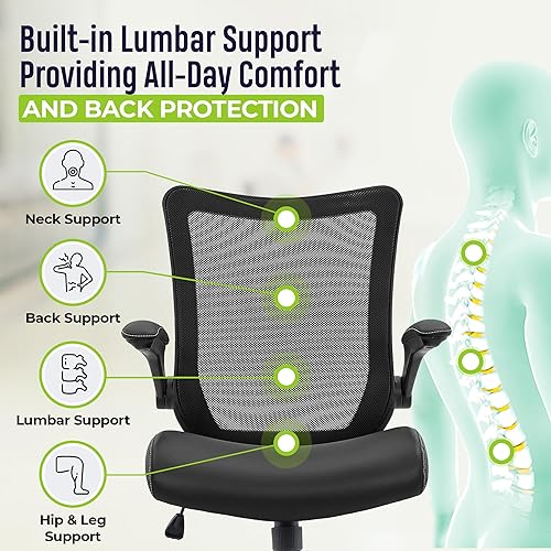 Miniatura 5 de OfficeFactor - Silla de escritorio de oficina, silla de escritorio ajustable de capacidad de 300 libras, reposabrazos abatibles, ruedas