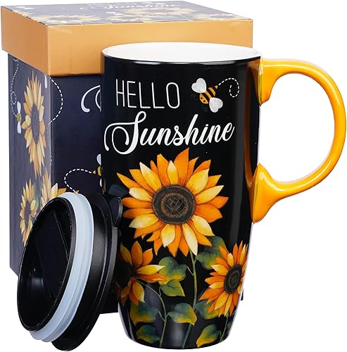 Taza de viaje de cerámica de girasol de Topadorn con tapa y caja de regalo a juego, taza de café latte, 17oz. Hola, sol