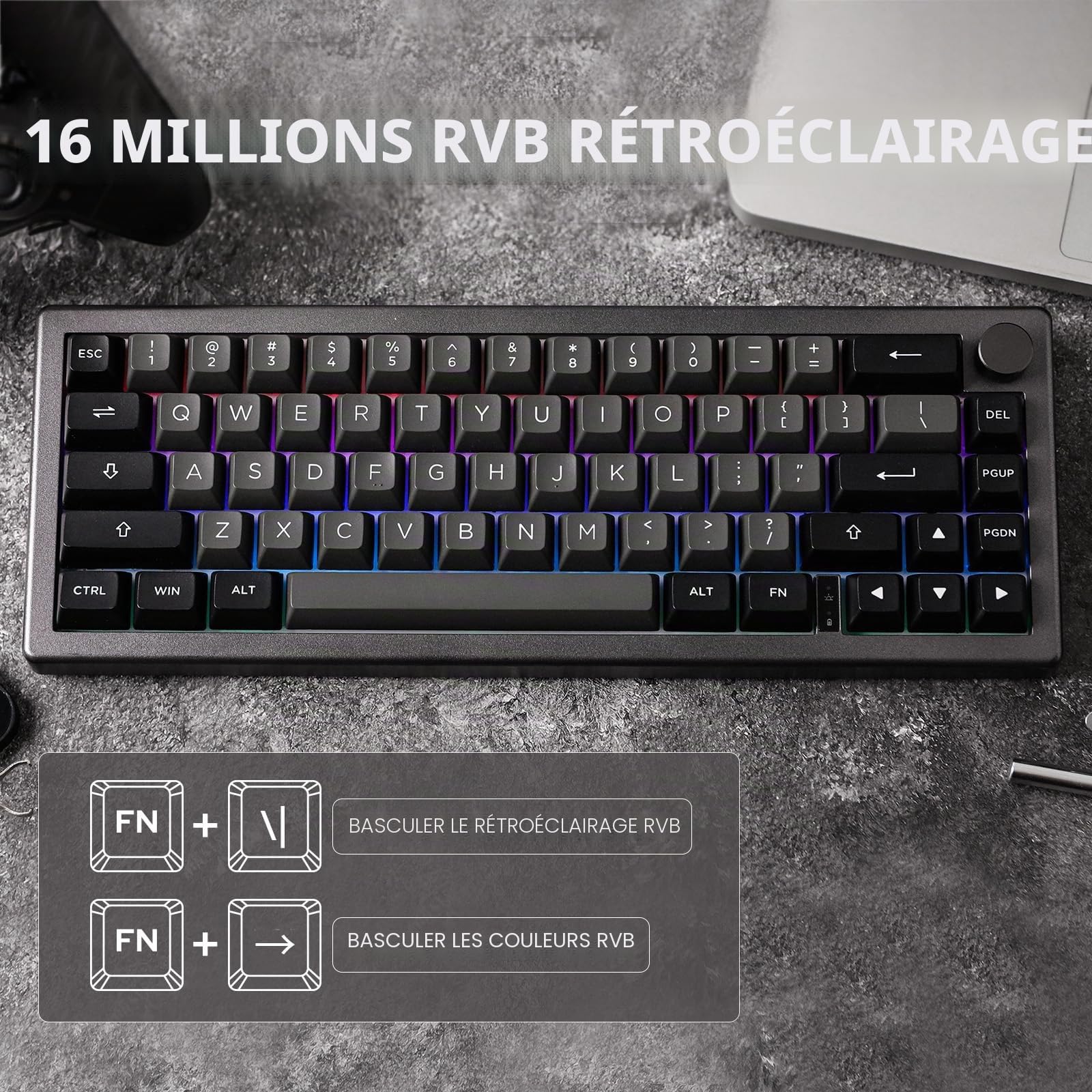 EPOMAKER EK68 Clavier Mécanique SansFil/Bluetooth/USB-C. Clavier 65% avec Batterie 3000mAh, Bouton de Volume, RGB, HotSwap, pour Gaming/Bureau/PC/Mac/Linux ((US) Argent Noir, Wisteria Linear Switch)