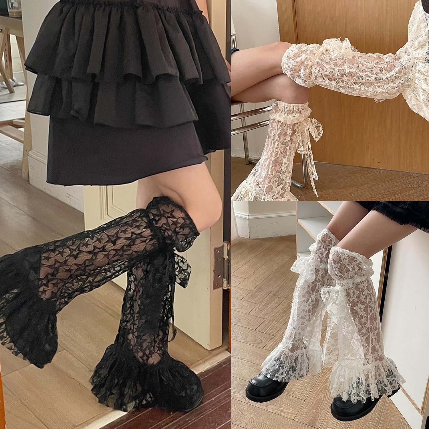 Womens Star Leg Warmers-Lolita Boot Stockings Japanese Lace Trim Long Leg Socks Fashion 80s Party Dance Legwarmers Black