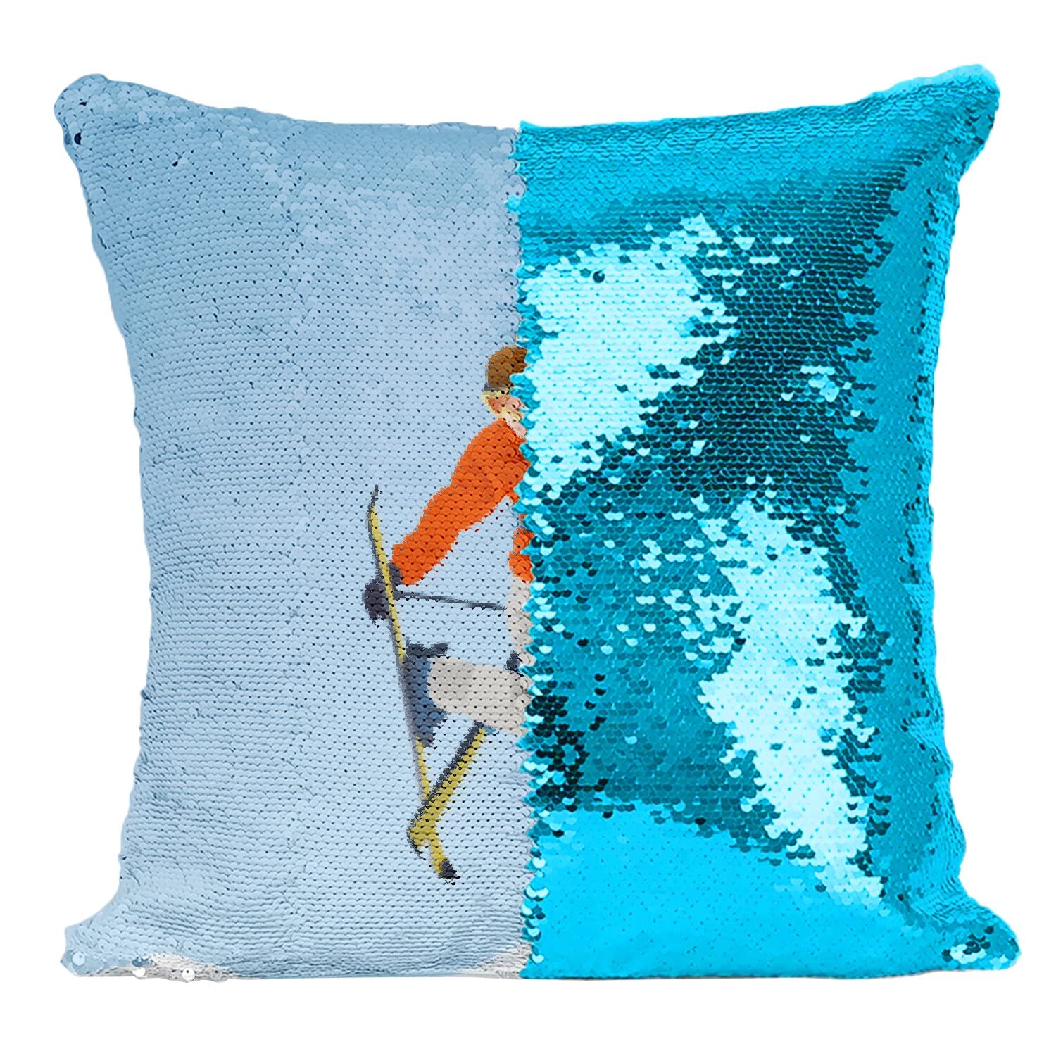 Coussin Freestyle Ski en sequins turquoise pour décorer un salon de passionné de montagne