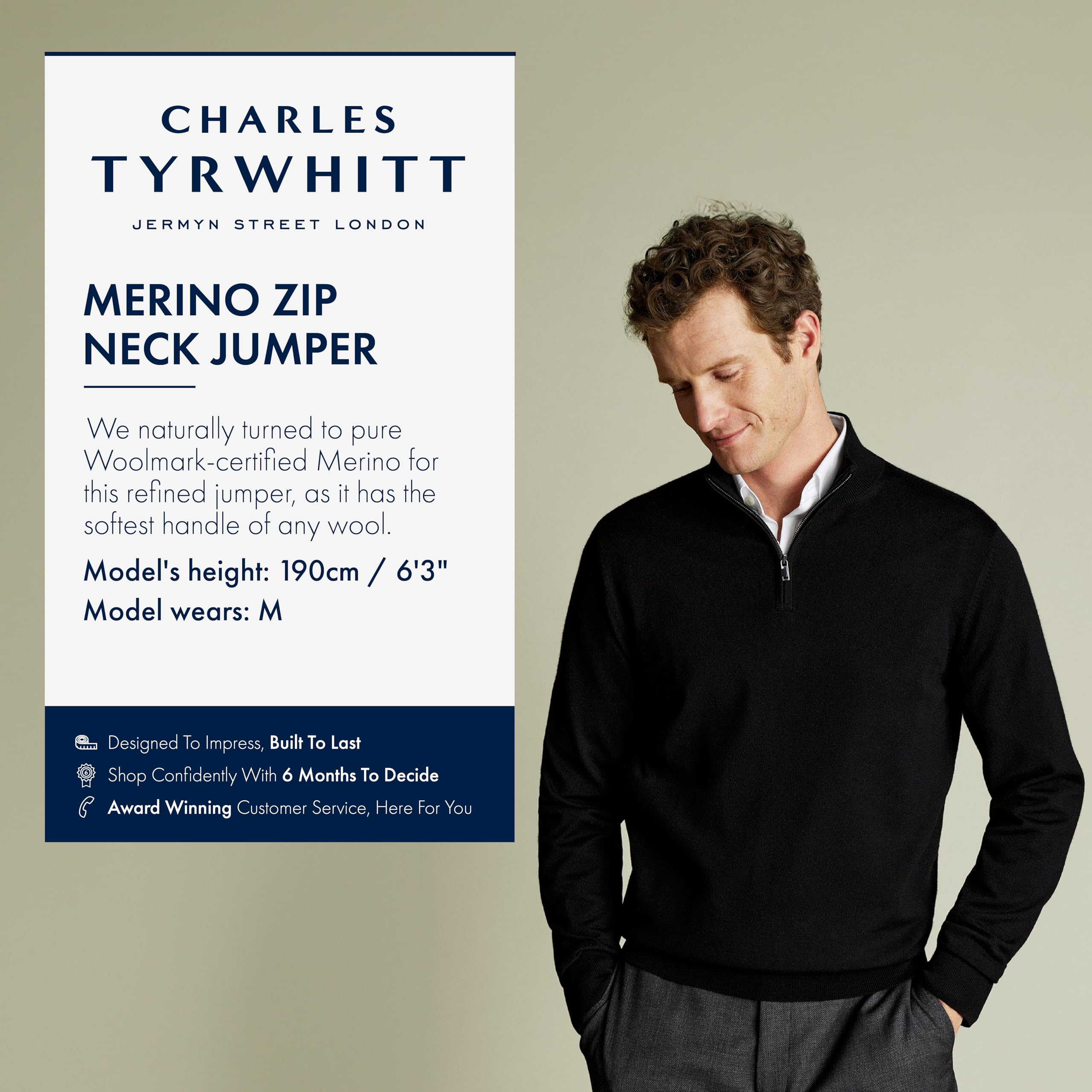 Charles Tyrwhitt Jumpers for Men - Merino Wool 1/4 Zip Jumper - Machine Washable & Temperature Regulating Knitwear for Smart & Casual Wear