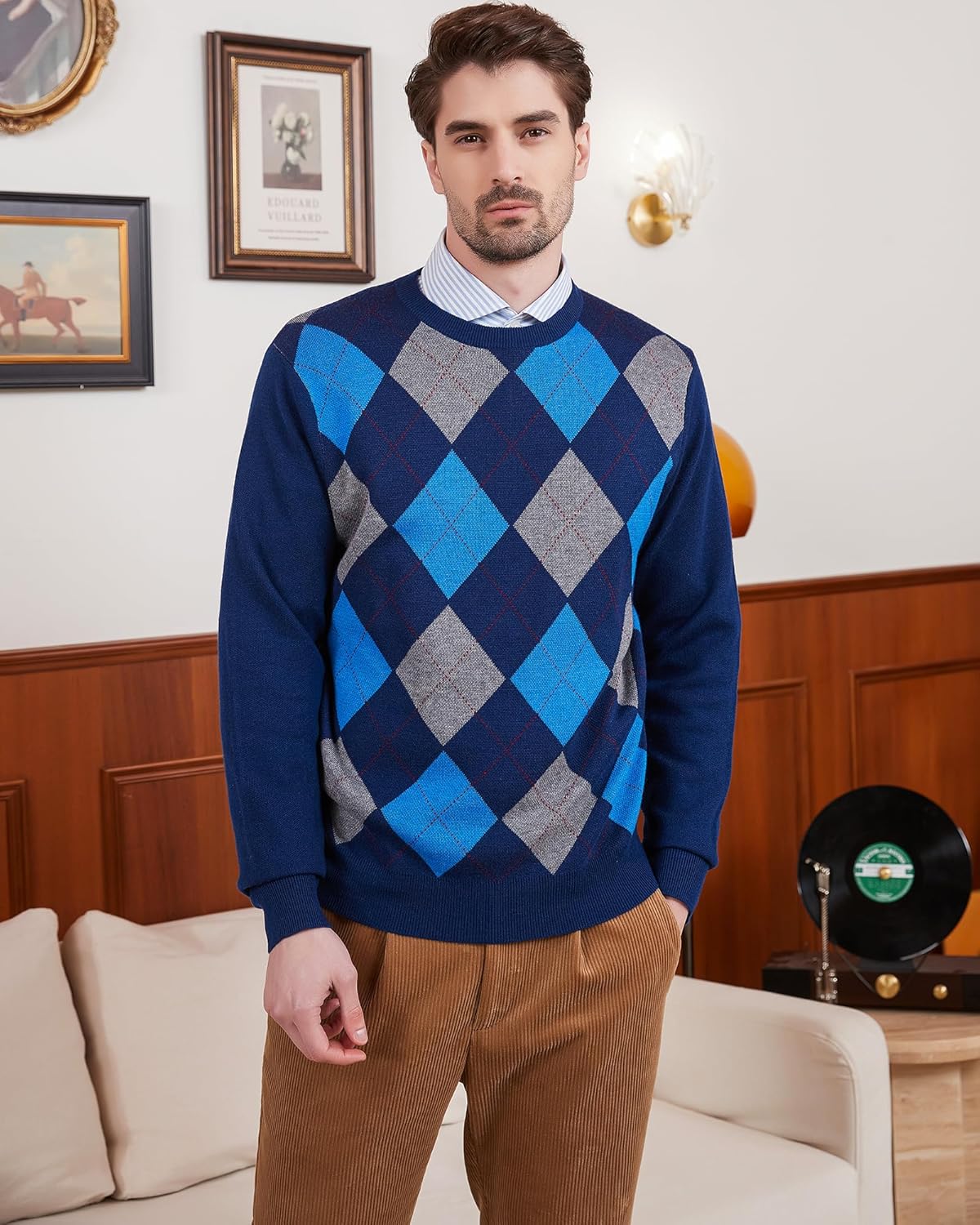 Kallspin Men's Wool Blend Crewneck Sweater Argyle Long Sleeve Pullover Sweater for Casual Or Dressy Wear - Image 7