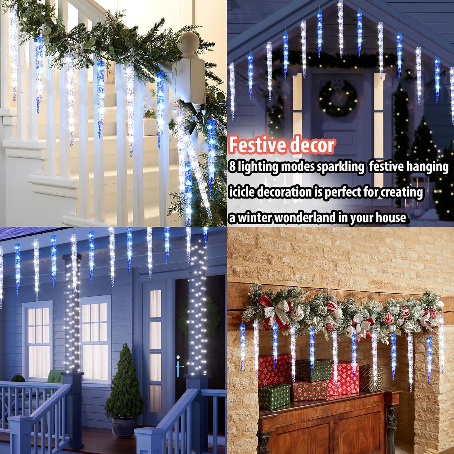 TWINKVILLA Blue and White Icicle Lights for Outside, Christmas Lights Outdoor with 20 Large Tubes, 29FT 8 Modes with Timer, Connectable Meteor Shower Light for Eave Roofline Tree Decoration