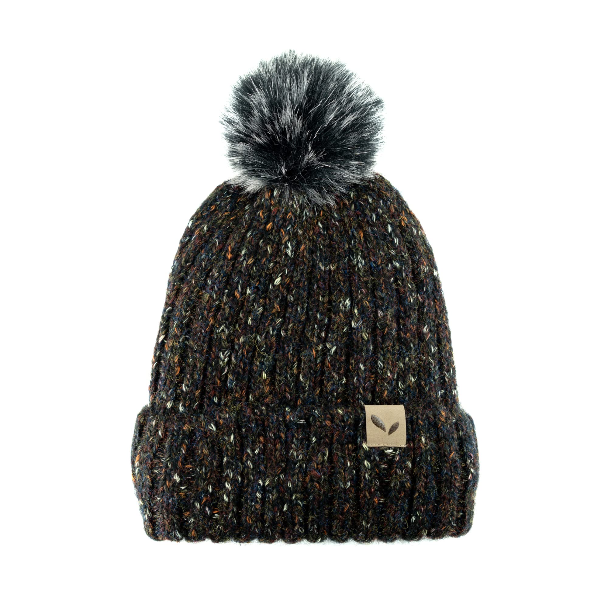 Sprigs Chunky Knit Faux Fur Lined Speckle Beanie with Faux Fur Pom Pom | Womens Pom Pom Hat Winter Beanie (Black)