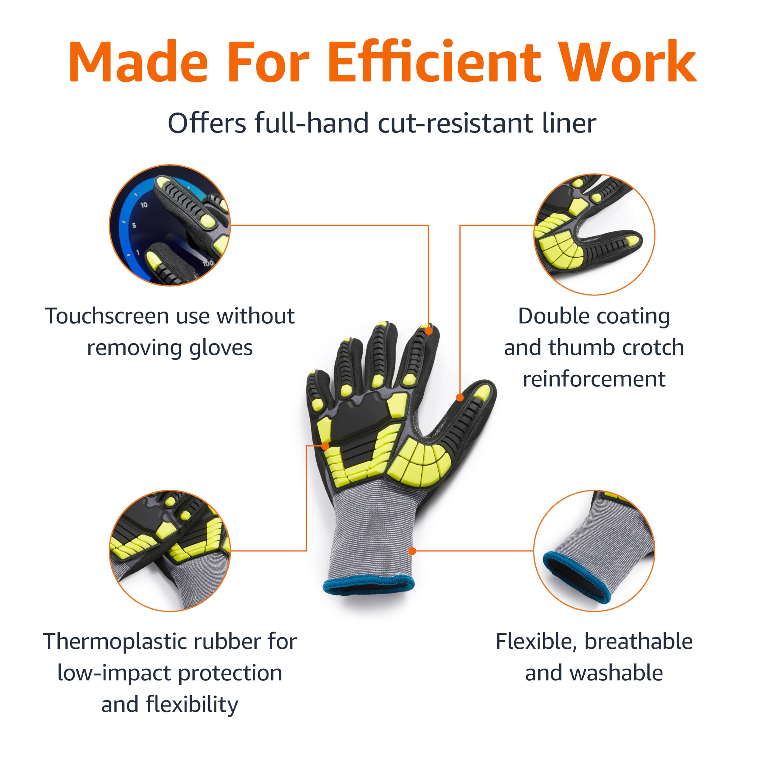 Amazon Basics Cut Level A1 Impact Protection Gloves with Touch Screen Friendly 15G Sandy Nitrile Palm, Pack of 120 Pairs, Yellow, Size X-Large