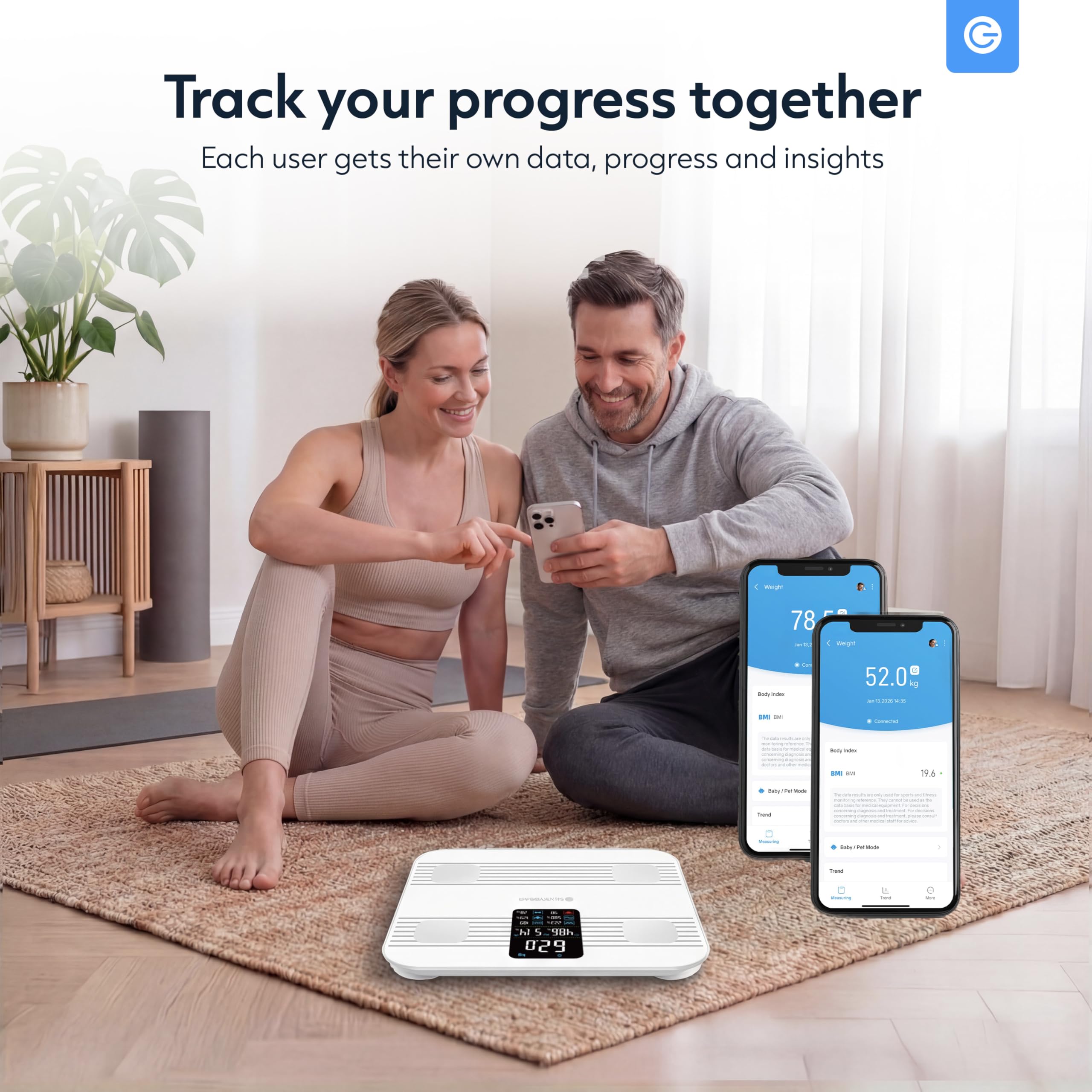 Silvergear® Báscula de Grasa Corporal | Báscula de Análisis Corporal con Bluetooth y App| Mide Grasa Corporal, IMC, Masa Muscular, Agua, Proteínas, Peso Óseo, BMR y Frecuencia Cardíaca | Blanco