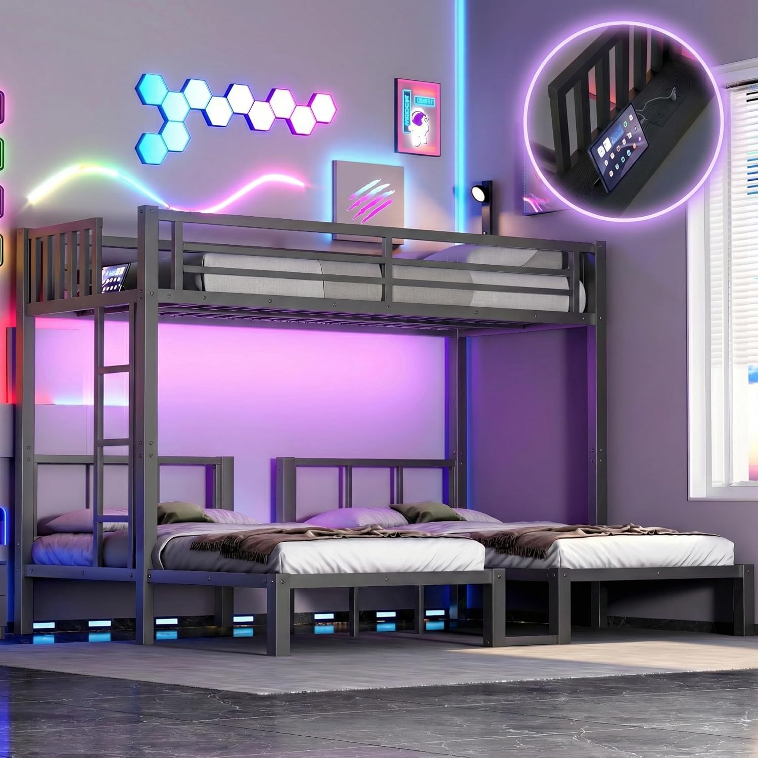Twin XL Over Twin Over Twin Convertible Bunk Bed with LED,Metal Triple Bunk Bed for 3 Kids with Charge Station and Guardrails and Ladder,Heavy Duty Triple Bunk Bed Frame for Kids,Black