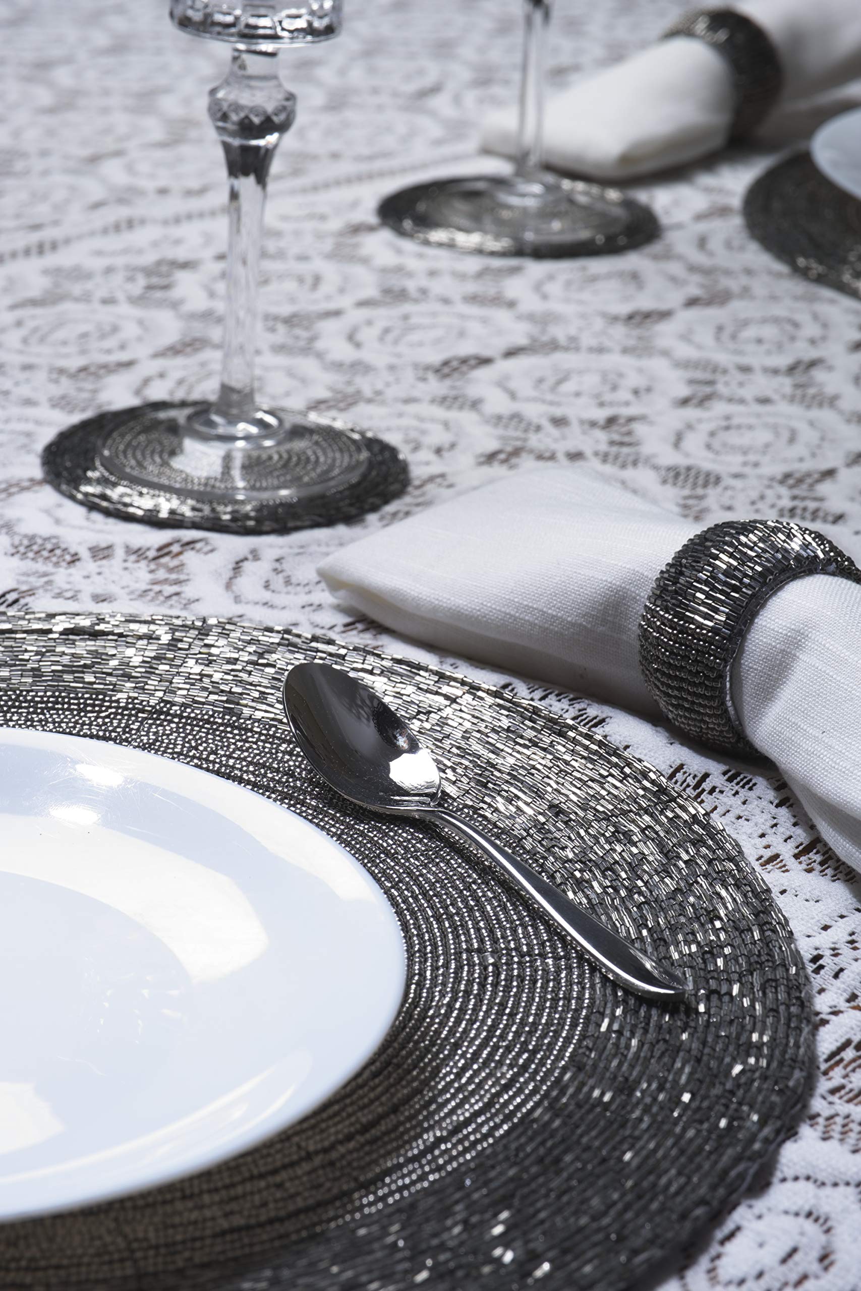 Penguin Home Ensemble de sous-Verres, Ronds de Serviette et Sets Table Ronds Perles Verre 18 Pièces, Argent Antique