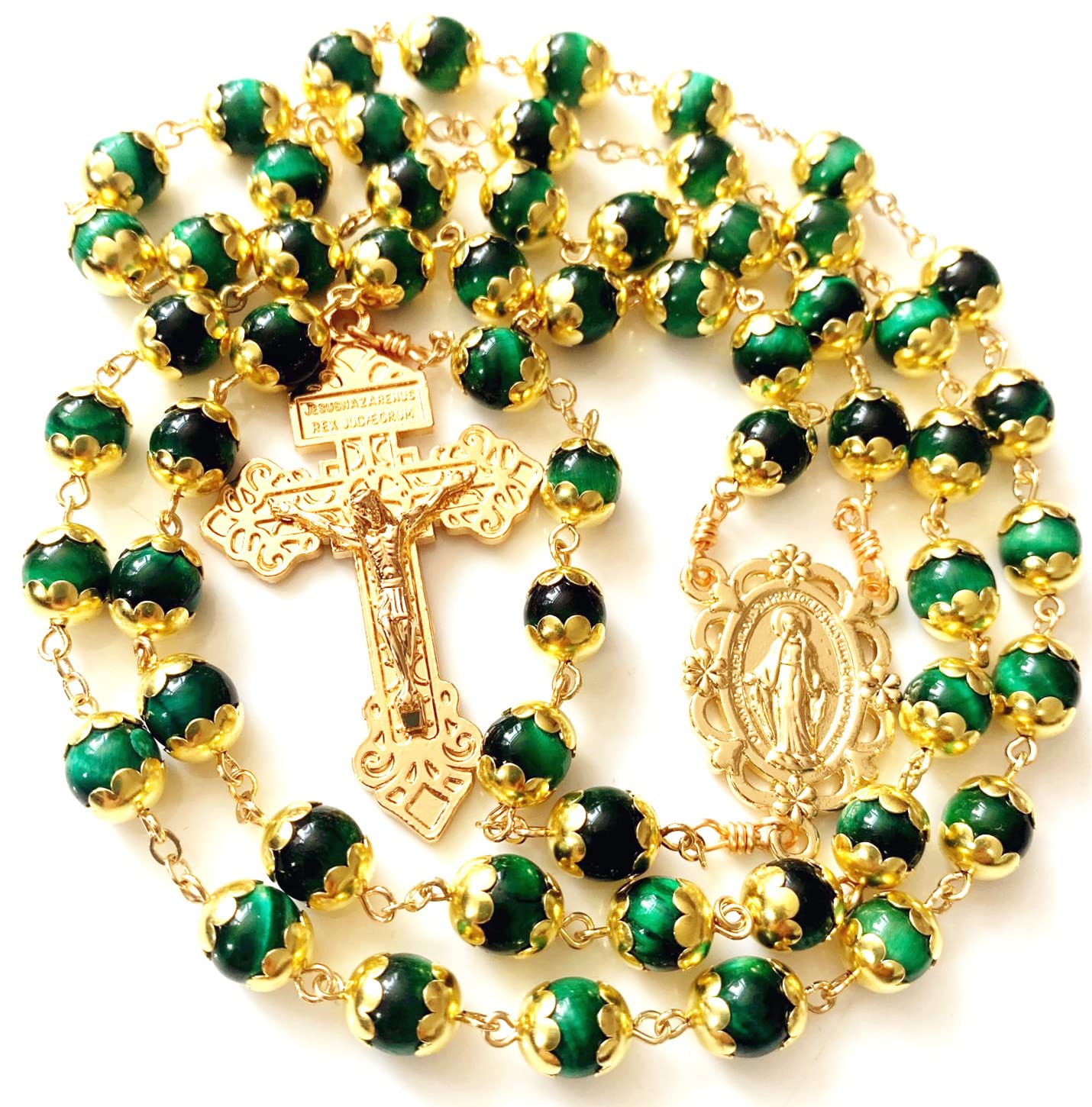 elegantmedicalHANDMADE Tiger Eye Prayer Beads Catholic Rosary Necklace Gift Box Italy Crucifix Gold