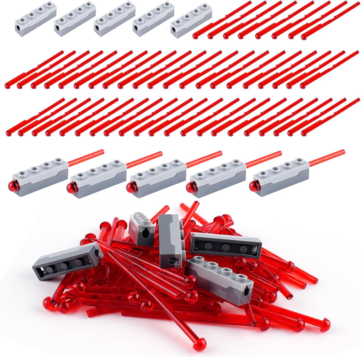 Launcher Projectiles Blocks Pieces and Parts - Action Play Accessories Builidng Bricks Bulk Kit, STEM Weapons, Compatible with Major Brands (5pcs Launcher Grey+50 Projectiles Transparent Red)