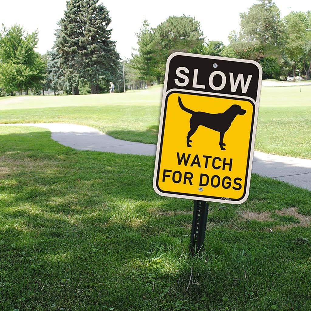2 Pack Slow Watch For Dogs Sign Slow Down Dogs At Play Safety Signs 18 x 12" Metal Reflective Rust Aluminum Weatherproof UV Protected Easy Mounting Indoor Outdoor Use
