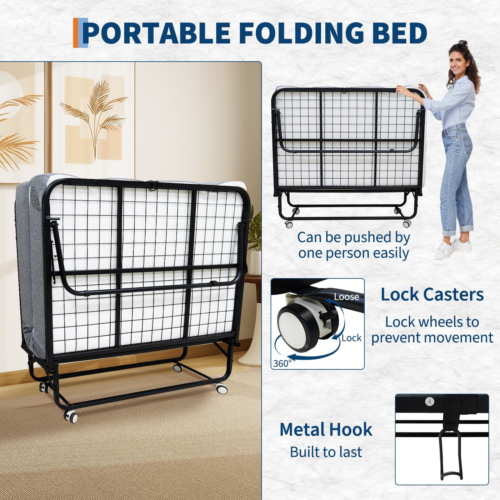 Garvee Feldbett mit Matratze Klappbar 190x114cm Gästebett Erwachsene | 15 cm Memory-Schaum-Matratze, Stahlrahmen 204 kg, 4 Rollen, faltbar und platzsparend, für Gäste, Camping, Büro, Wohnmobil
