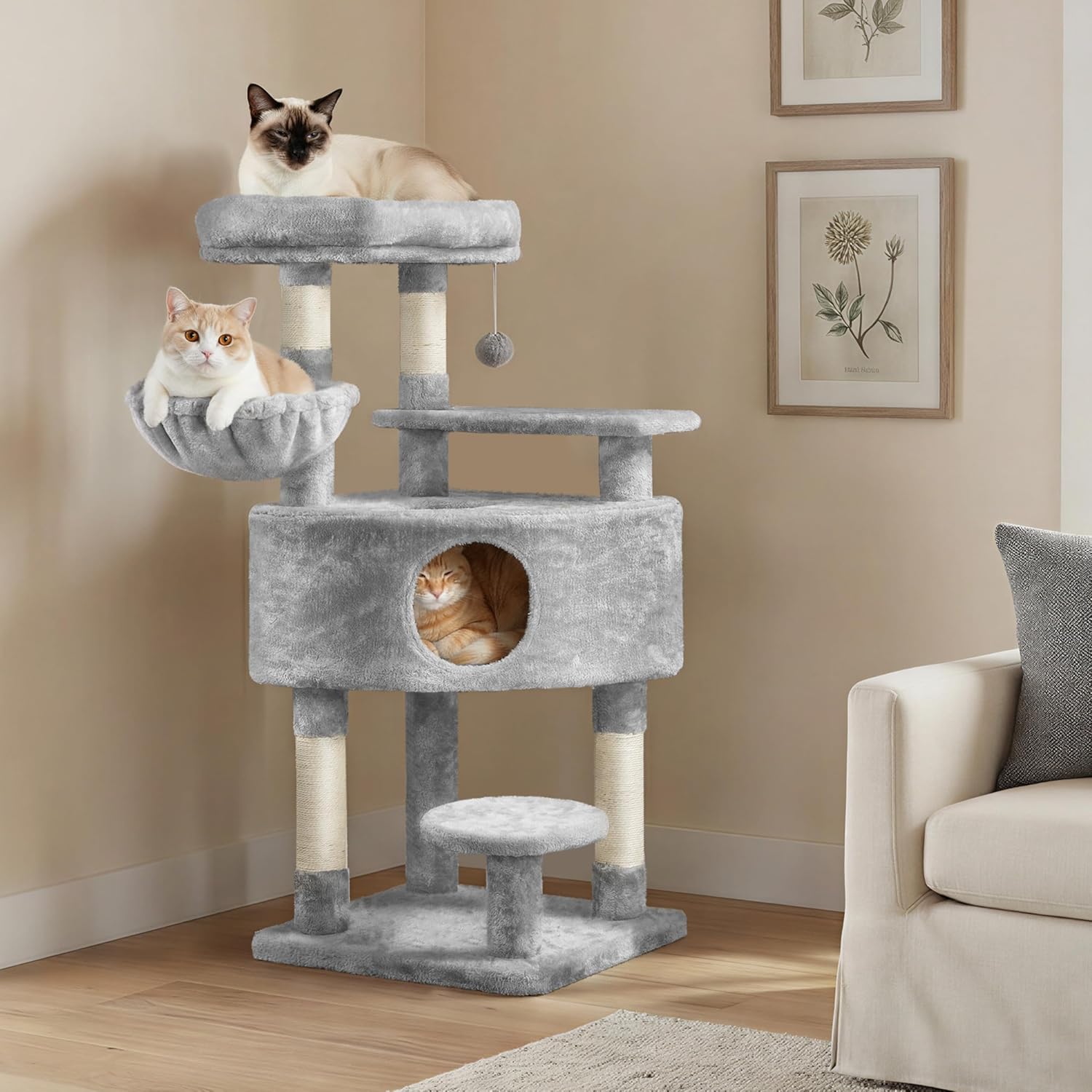 Yaheetech 46in Cat Tree Tower | Multi-Level Indoor Activity Center with Spacious Condos, Scratching Posts, Large Top Plush Perch | Sturdy, Easy to Assemble | for Kittens, Adult & Senior Cats