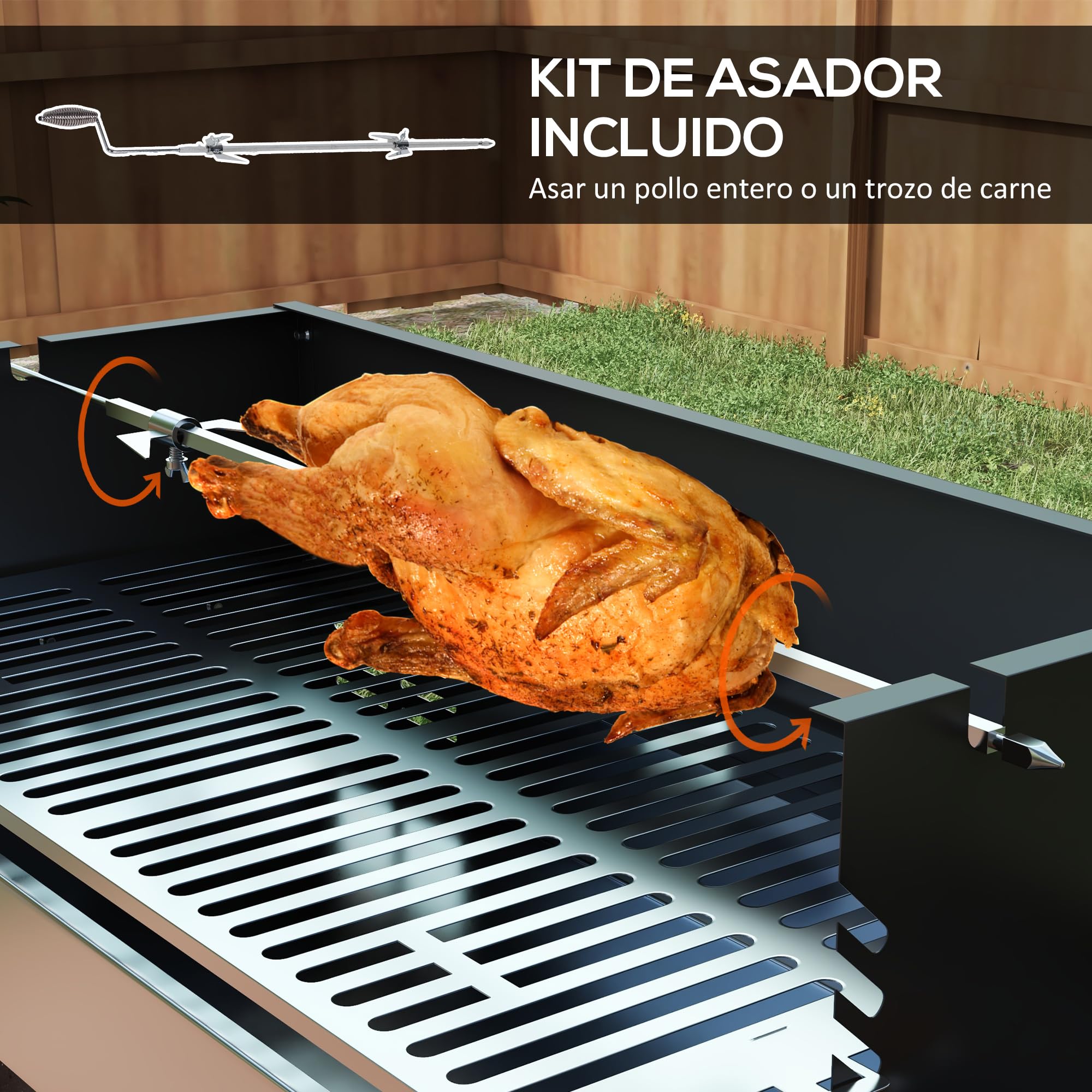 Outsunny Barbacoa de Carbón Barbacoa Portátil 118x32x90 cm Parrilla Negro | Pincho Giratorio, Ajustable en Altura de 3 Posiciones, Estantes Plegables, Paravientos, Picnic Camping Jardín
