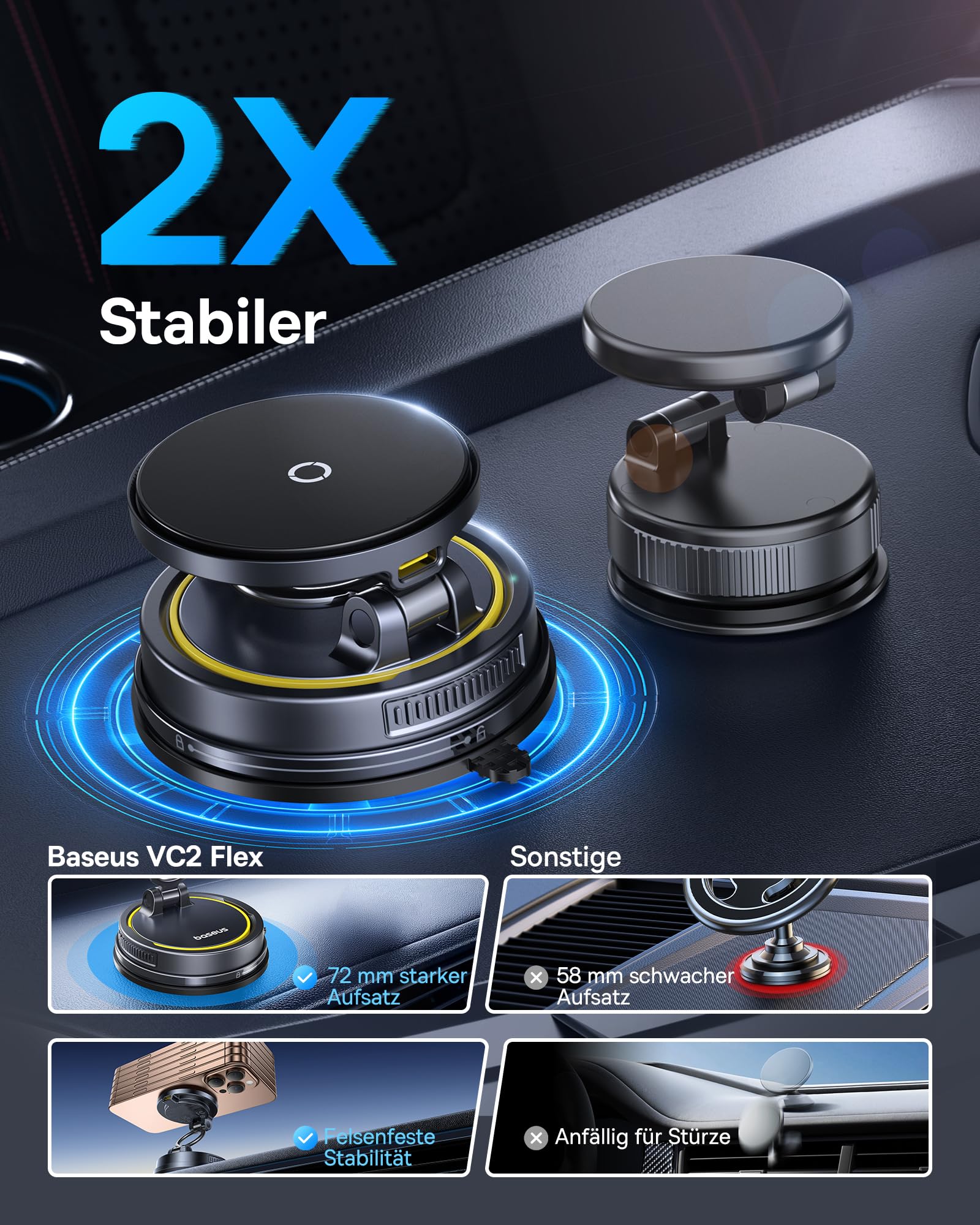 Baseus VC2 Flex Pro 15W Handyhalterung Auto für Magsafe mit Ladefunktion, Magnet Autohalterung kfz Ladegerät für Armaturenbrett, Wireless Car Charger für iPhone 17,16,15,14,13,12 Pro Max