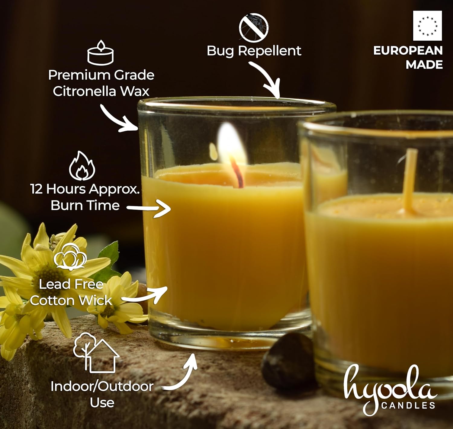 Hyoola Citronella Candle Votives in Glass Cup, Indoor and Outdoor Decorative and Mosquito, Insect and Bug Repellent Candle, Natural Fresh Scent, 12 Hour Burn Time, Made in Europe (Pack of 24)