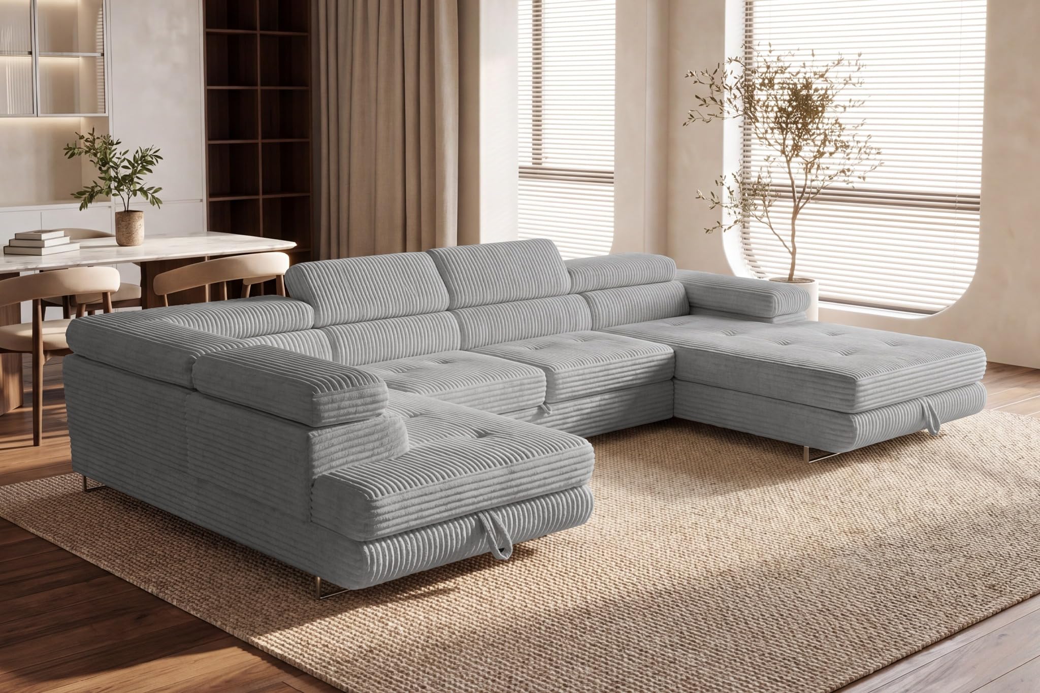 Cordo U XXL Wohnlandschaft mit Schlaffunktion und 2 Bettkästen - Breitcord Tilia - U-Form Sofa (Hellgrau, Linke Seite)