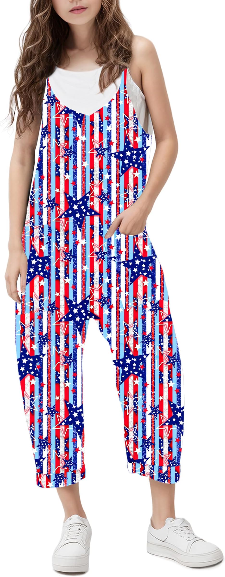 RAISEVERN Jumpsuits for Girls Casual Sleeveless Loose Spaghetti Strap Summer Rompers Long Pants with Pockets