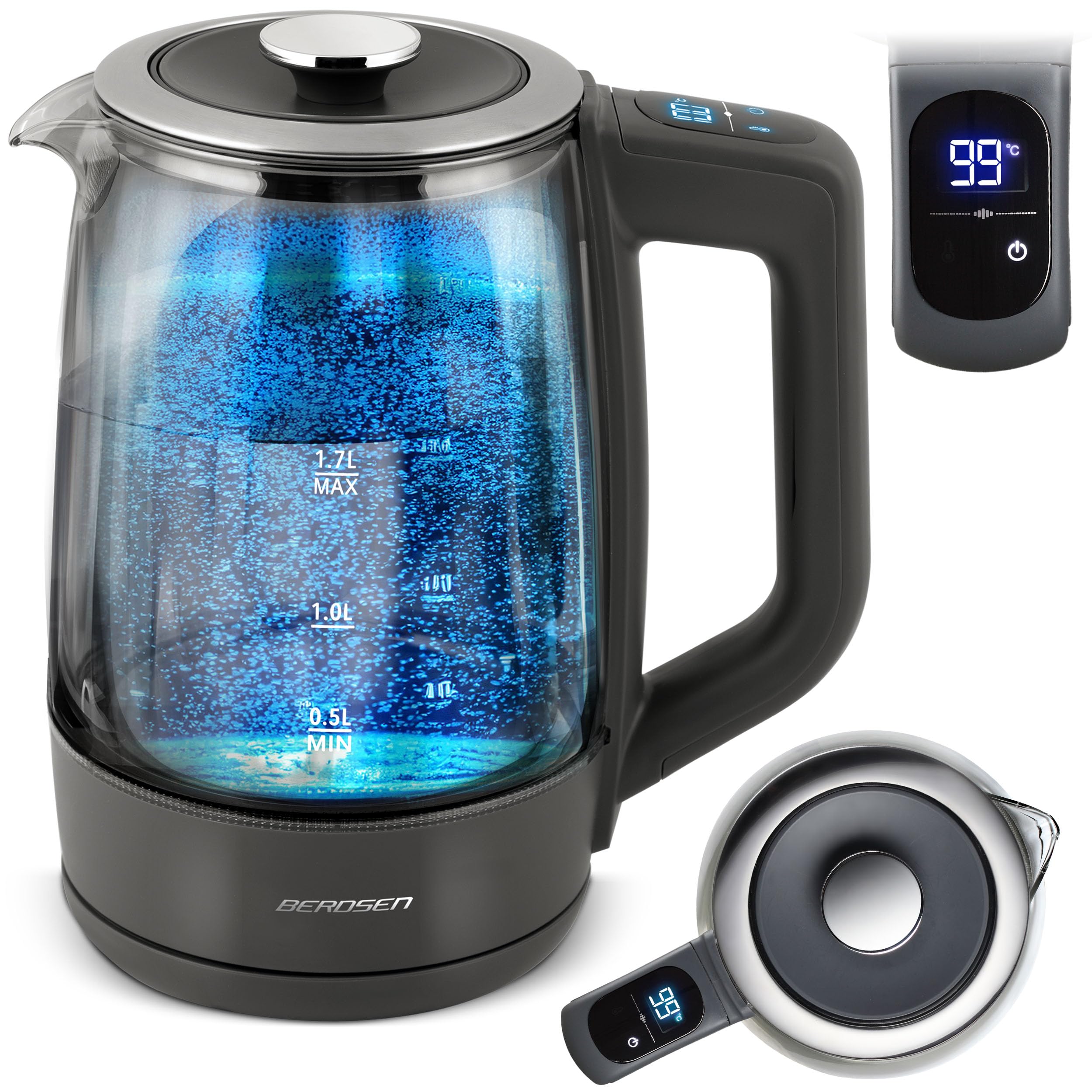 Berdsen Hervidor de agua con ajuste de temperatura, cristal de borosilicato, 1,7 L, función de mantenimiento del calor, panel táctil, indicador de temperatura, iluminación interior gris