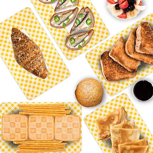 Miniatura 7 de DYLIVeS Platos a cuadros amarillos y blancos, bandejas de papel desechables de papel a cuadros amarillos de 9.1 x 5.7 pulgadas para aperitivos de