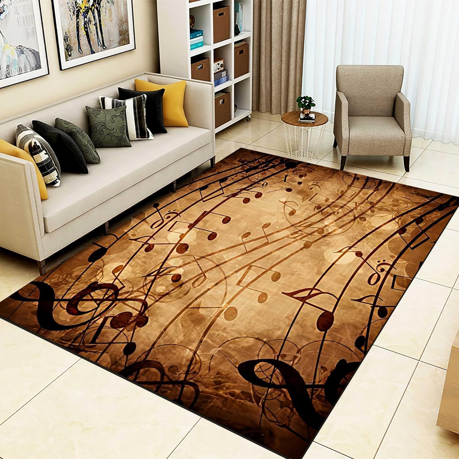 Tapis de salon 3D partitions musicales rétro 120x160 cm antidérapant intérieur et extérieur