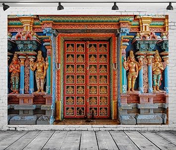 7x5ft Fabric Colorful India Tanjore Temple Door Backdrop Old India Religion Building Backgrounds for Indian Party Decorations Adults Photo Props