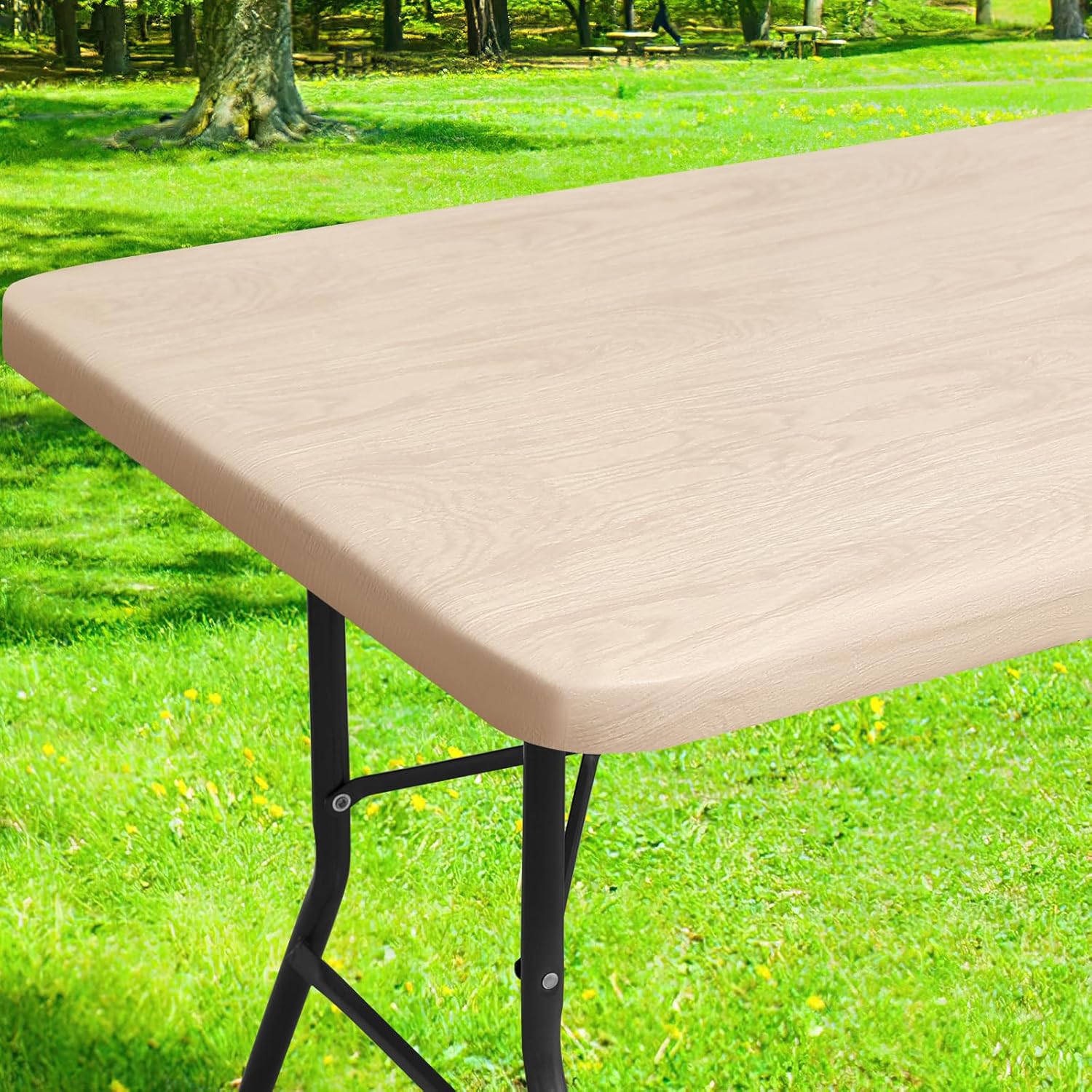 smiry rectangle picnic tablecloth, waterproof elastic fitted table covers for 8 foot tables, wipeable flannel backed vinyl tablecloths for camping, indoor, outdoor (beige, 30x96 inches) 30" x 96" beige